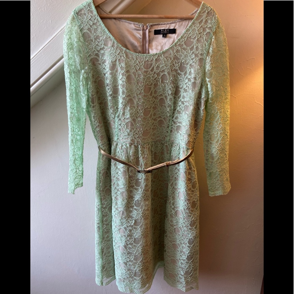 Alex Marie Pale Green Lace Dress with Gold Belt